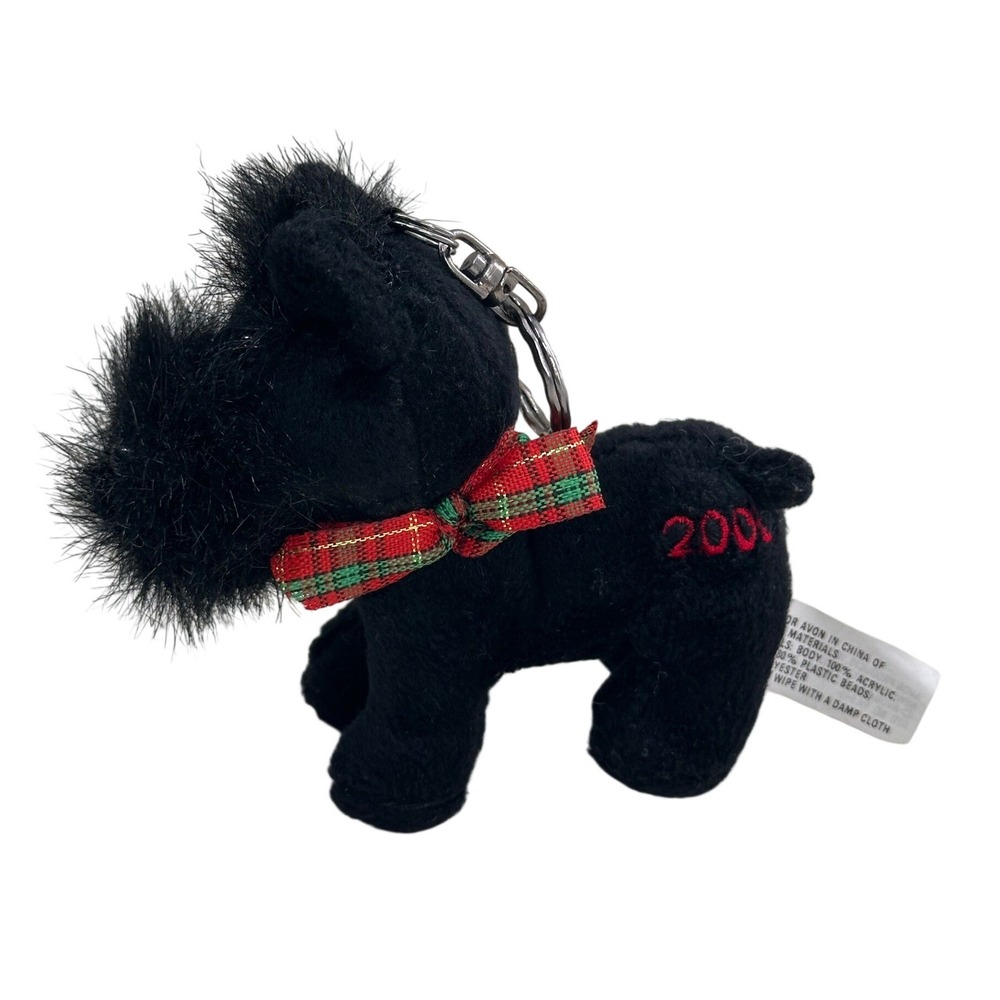 Avon Scottie Dog Plush Keychain 2000 Black Scottish Terrier Plaid Bow Vintage 5"